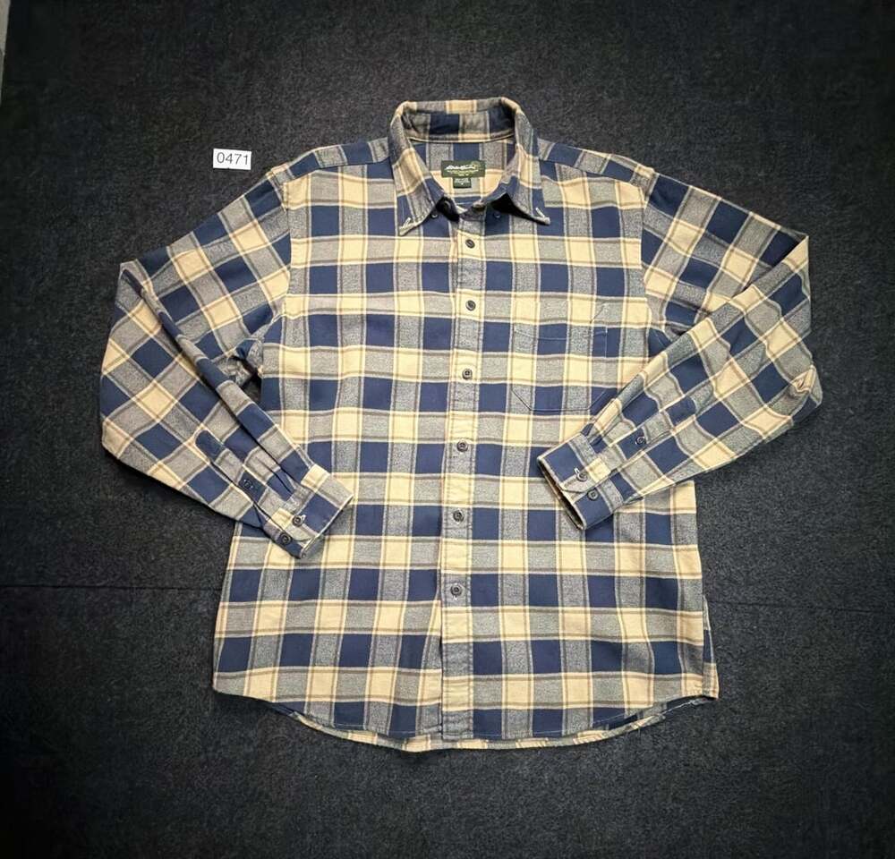 Eddie Bauer Plaid Flannel Shirt Size M Blue Tan Long Sleeve Button Down